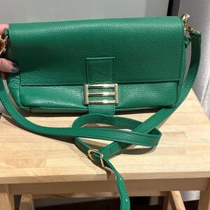 Pebbled Green Leather Crossbody with Gold Buckle